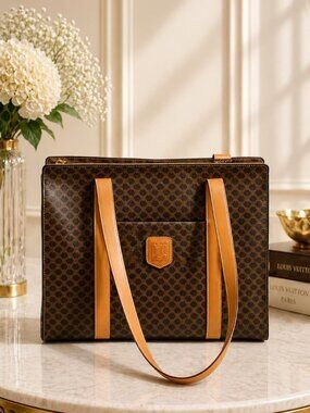 Authentic Celine Macadam Tote Bag Brown PVC Tan Leather Shoulder Bag Vintage